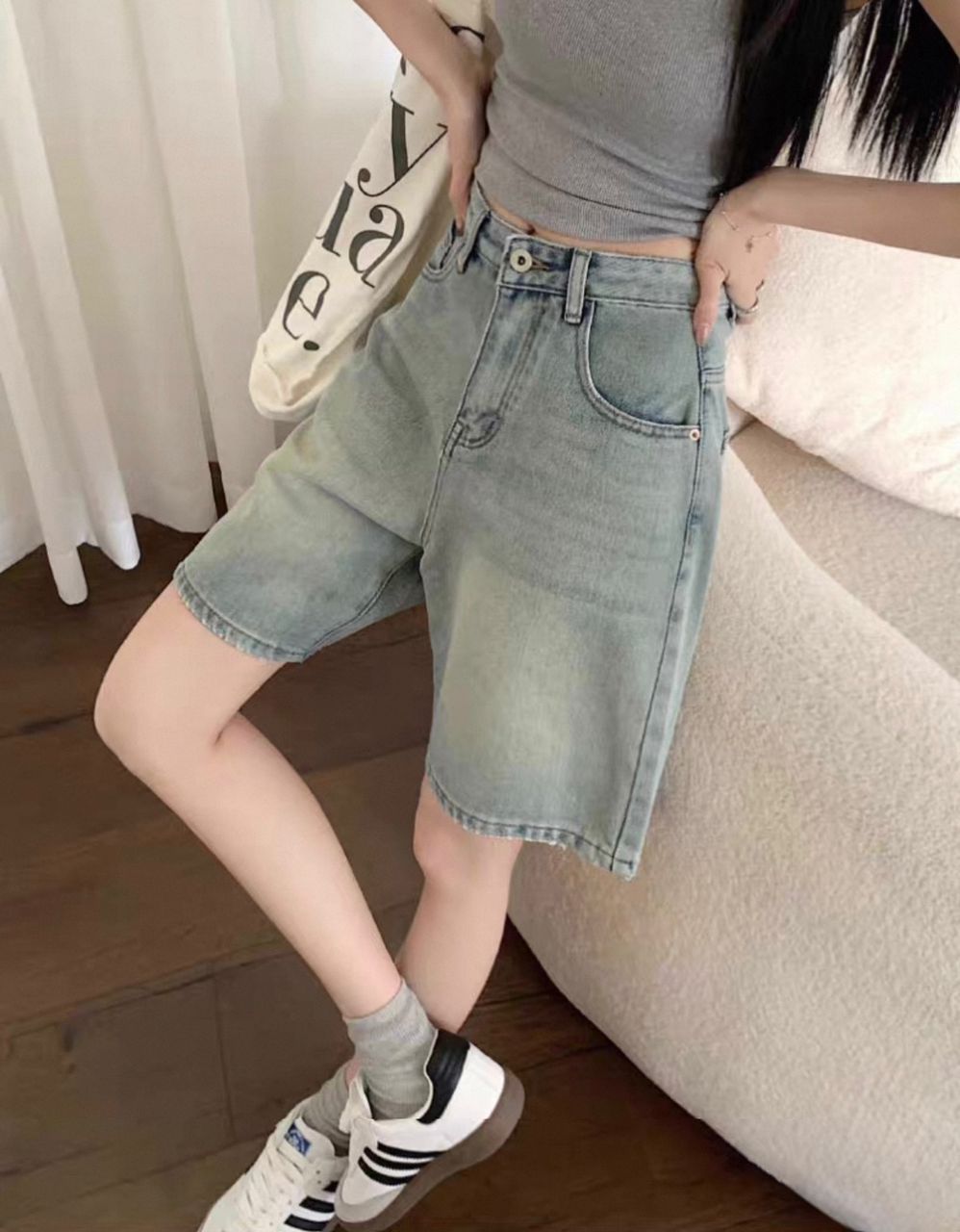 Summer Light Blue Quarter Denim Pants