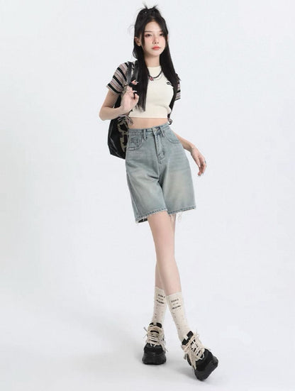 Summer Light Blue Quarter Denim Pants