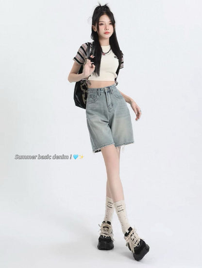 Summer Light Blue Quarter Denim Pants
