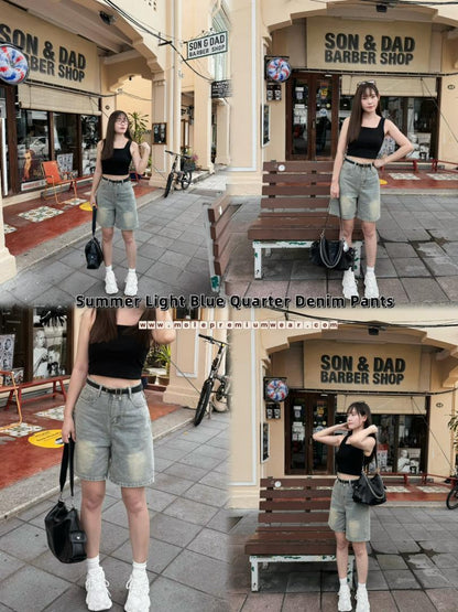 Summer Light Blue Quarter Denim Pants