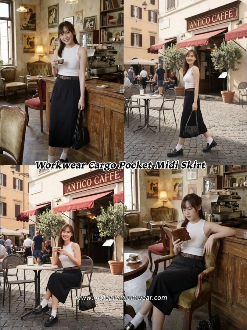 Workwear Cargo Pocket Midi Skirt