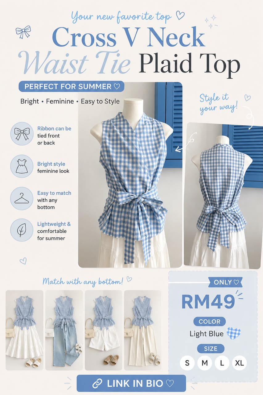Cross V-Neck Waist Tie Plaid Top