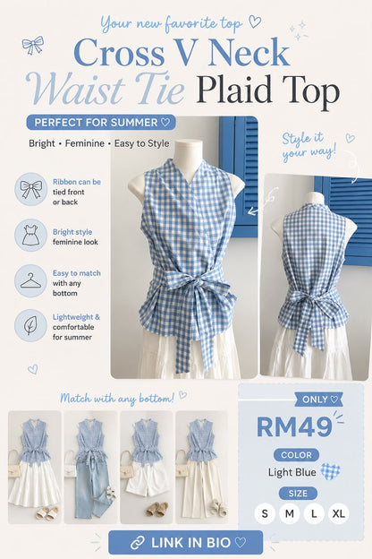 Cross V-Neck Waist Tie Plaid Top