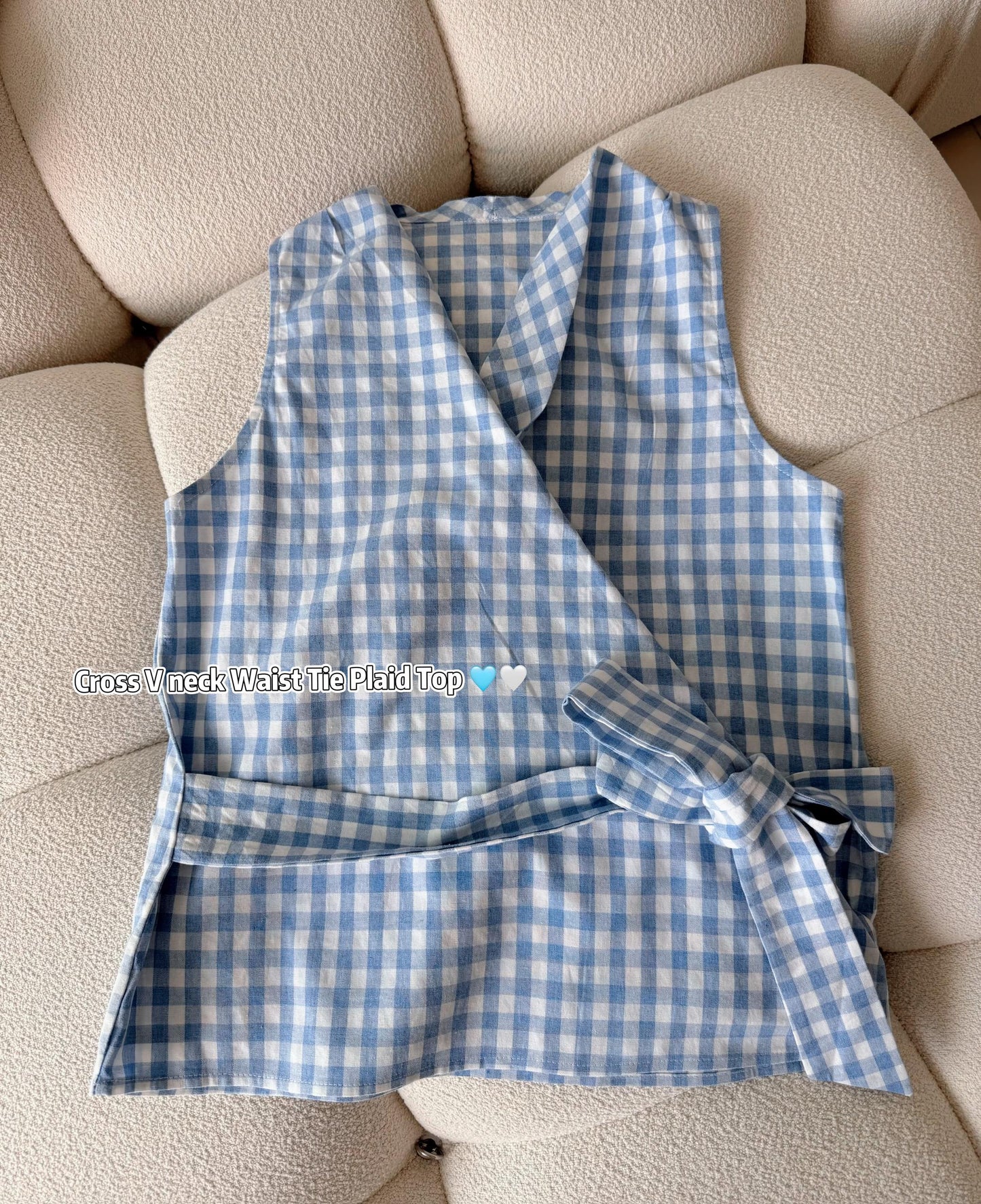 Cross V-Neck Waist Tie Plaid Top