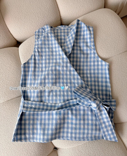 Cross V-Neck Waist Tie Plaid Top