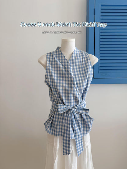 Cross V-Neck Waist Tie Plaid Top
