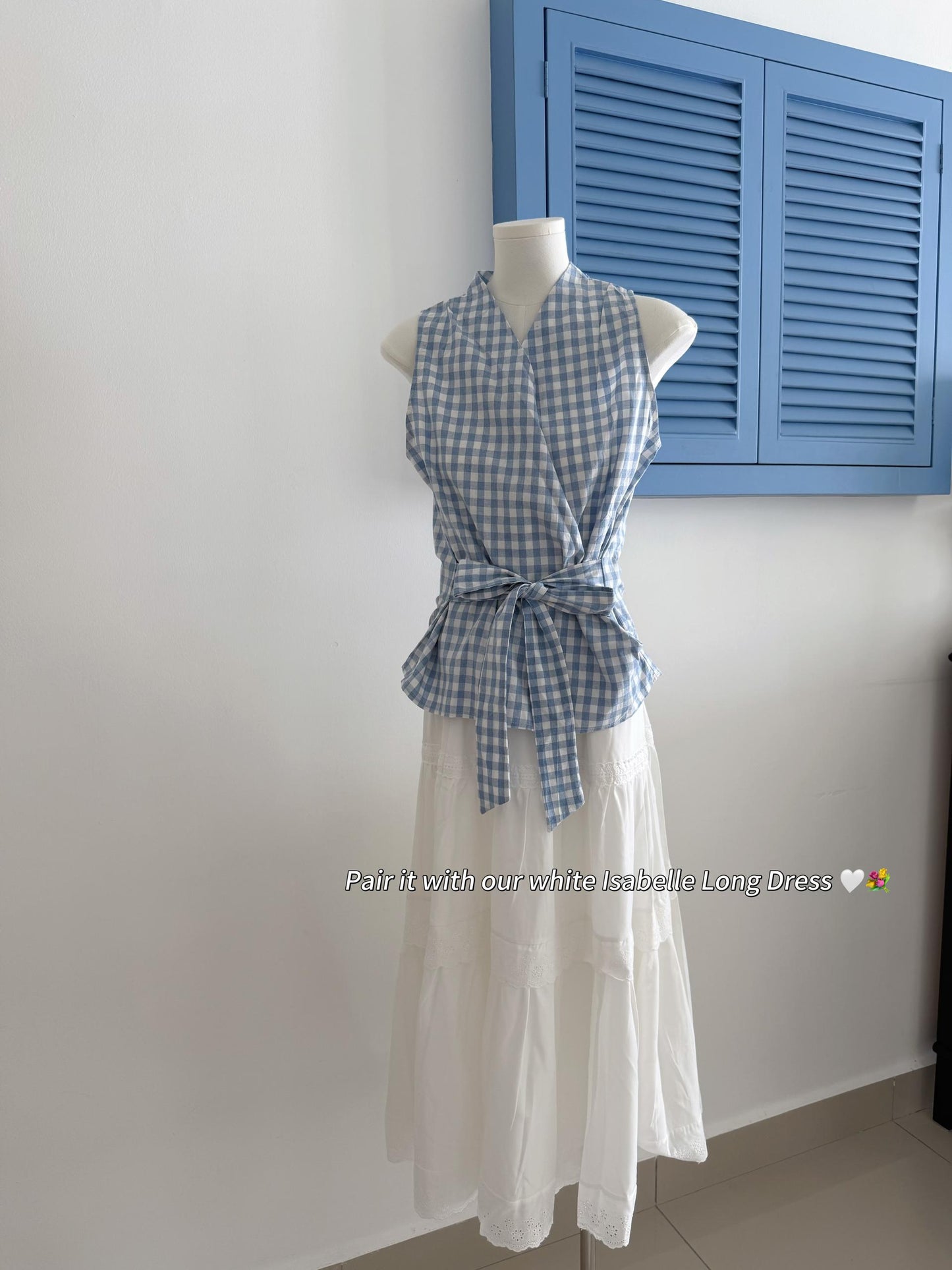 Cross V-Neck Waist Tie Plaid Top