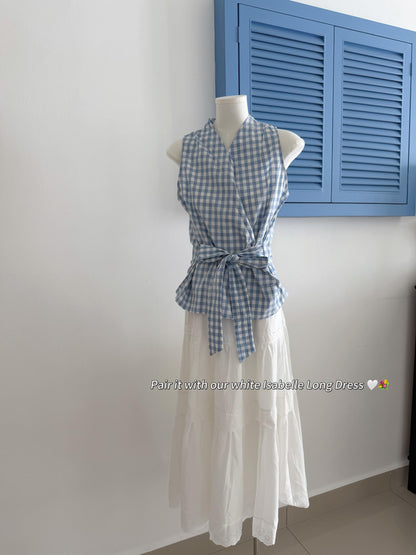 Cross V-Neck Waist Tie Plaid Top