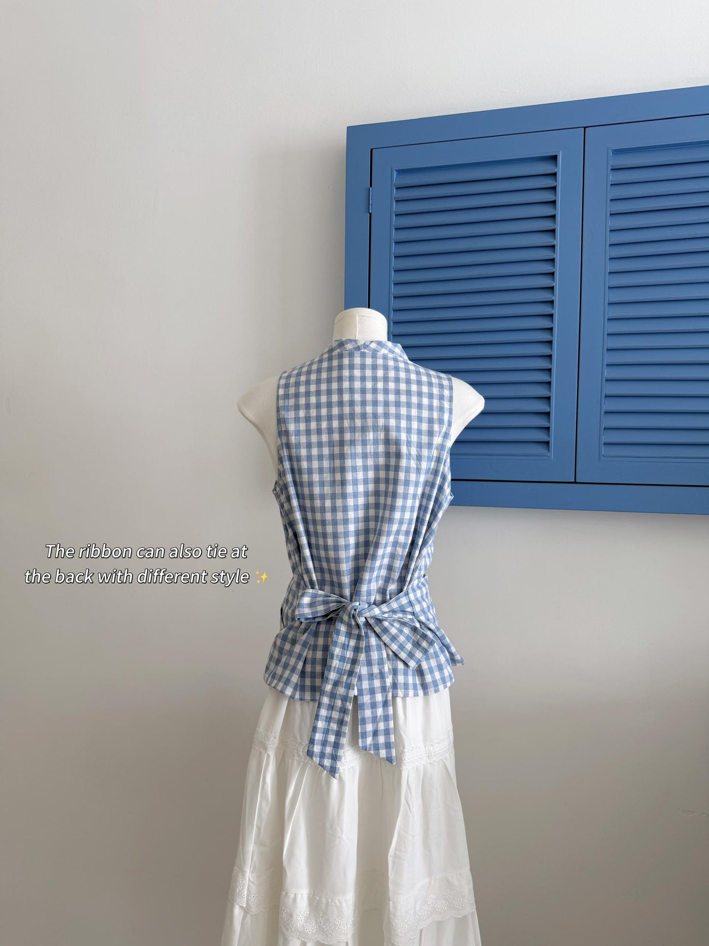 Cross V-Neck Waist Tie Plaid Top