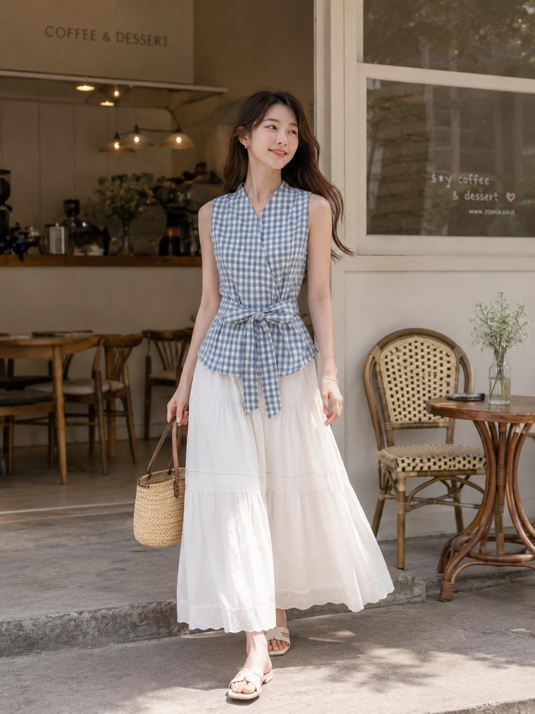 Cross V-Neck Waist Tie Plaid Top