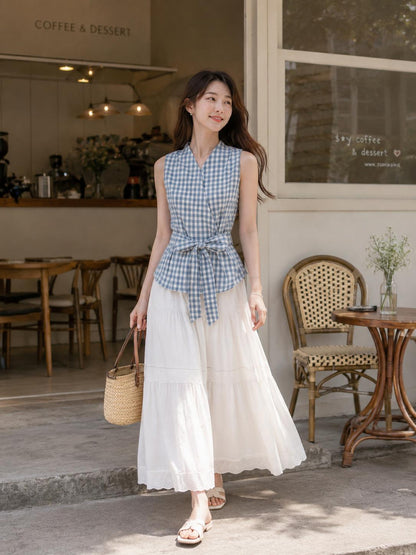 Cross V-Neck Waist Tie Plaid Top