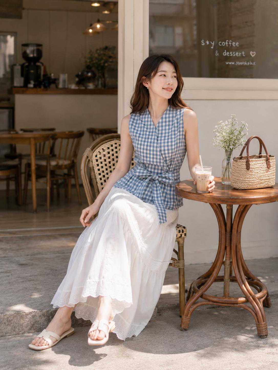 Cross V-Neck Waist Tie Plaid Top