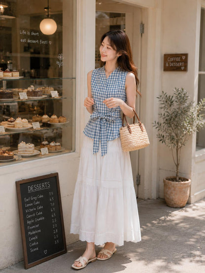 Cross V-Neck Waist Tie Plaid Top