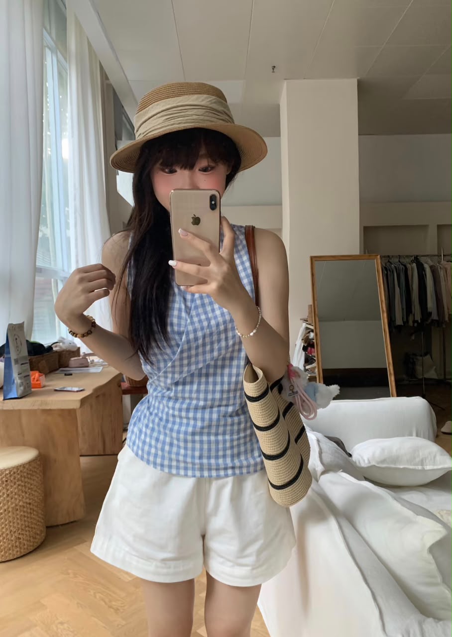 Cross V-Neck Waist Tie Plaid Top