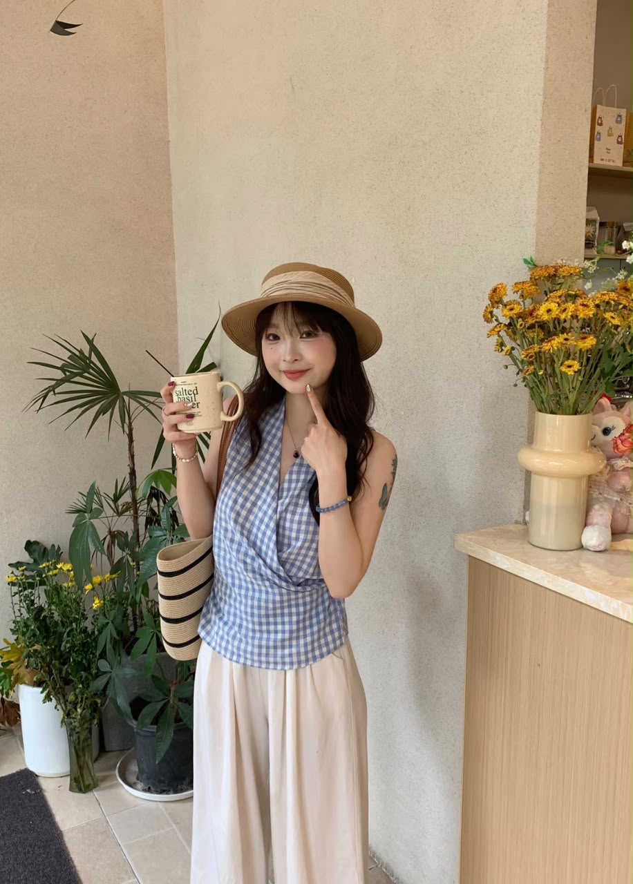 Cross V-Neck Waist Tie Plaid Top