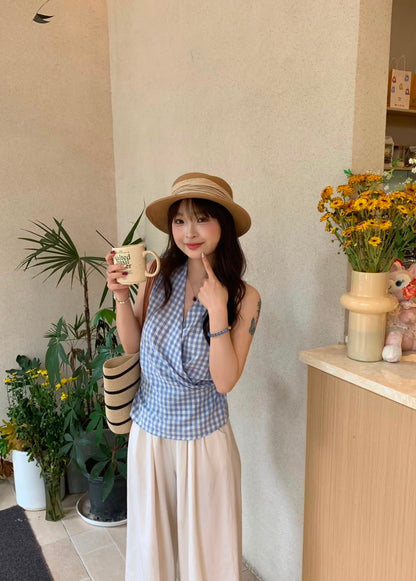 Cross V-Neck Waist Tie Plaid Top