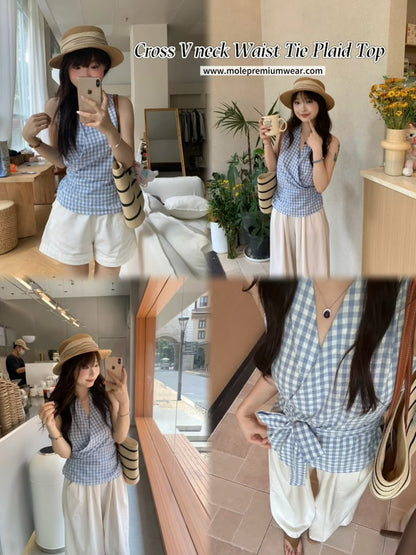 Cross V-Neck Waist Tie Plaid Top