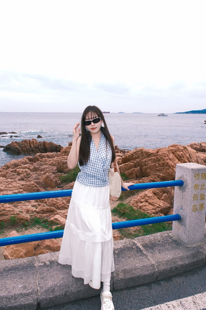 Cross V-Neck Waist Tie Plaid Top