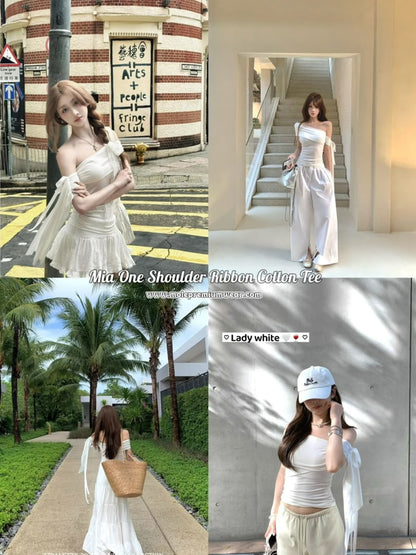 Mia One Shoulder Ribbon Cotton Tee