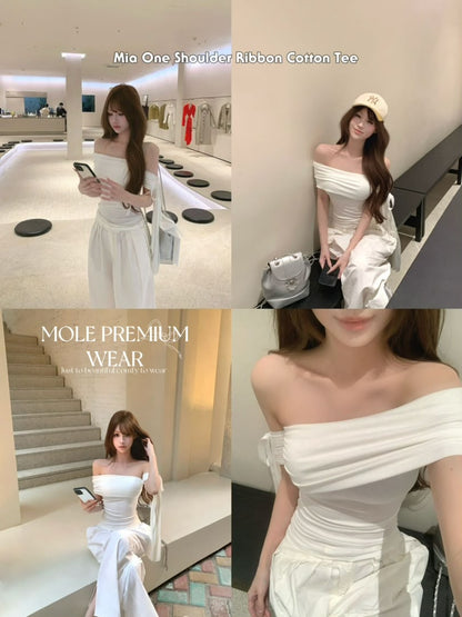 Mia One Shoulder Ribbon Cotton Tee