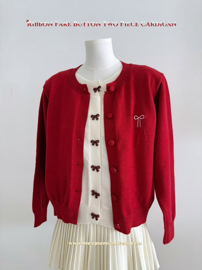 Ribbon Fake Button Two Piece Cardigan