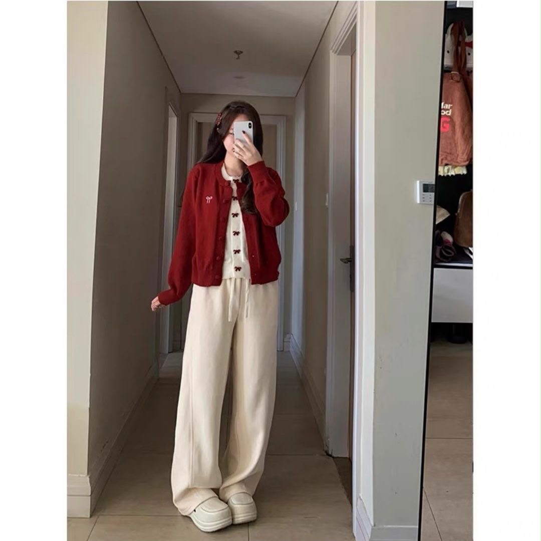 Ribbon Fake Button Two Piece Cardigan