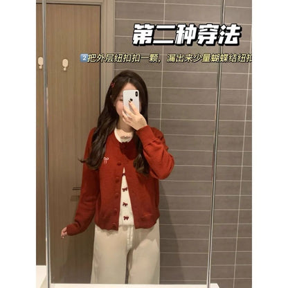 Ribbon Fake Button Two Piece Cardigan