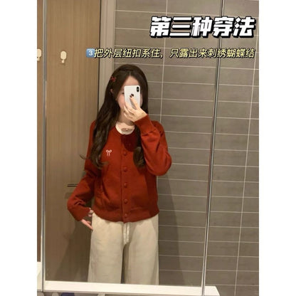 Ribbon Fake Button Two Piece Cardigan