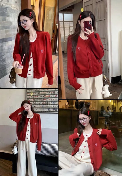 Ribbon Fake Button Two Piece Cardigan