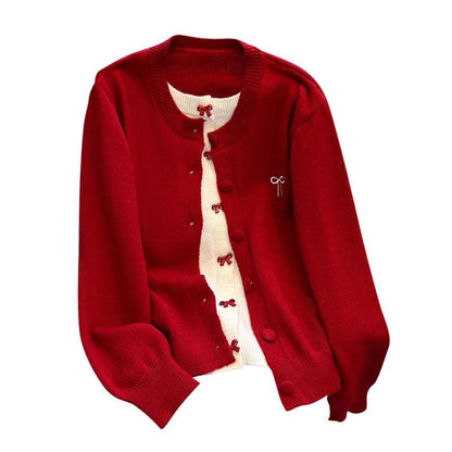 Ribbon Fake Button Two Piece Cardigan