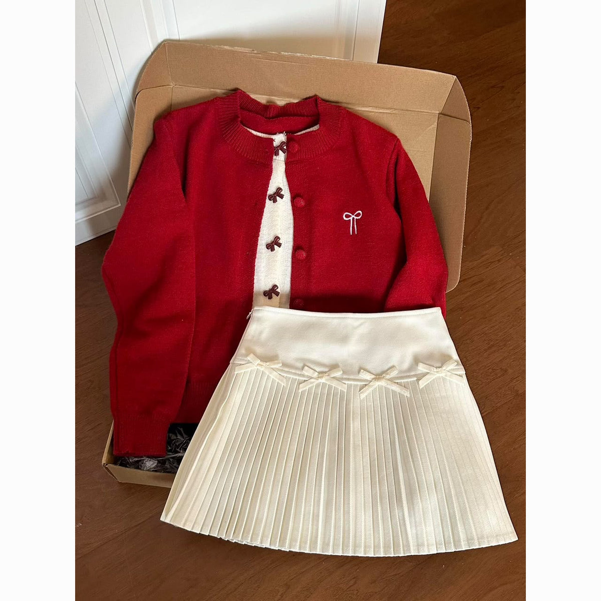 Ribbon Fake Button Two Piece Cardigan
