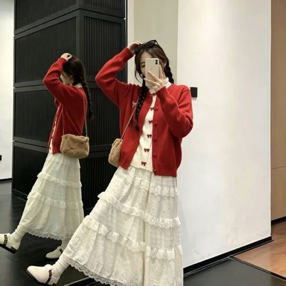 Ribbon Fake Button Two Piece Cardigan