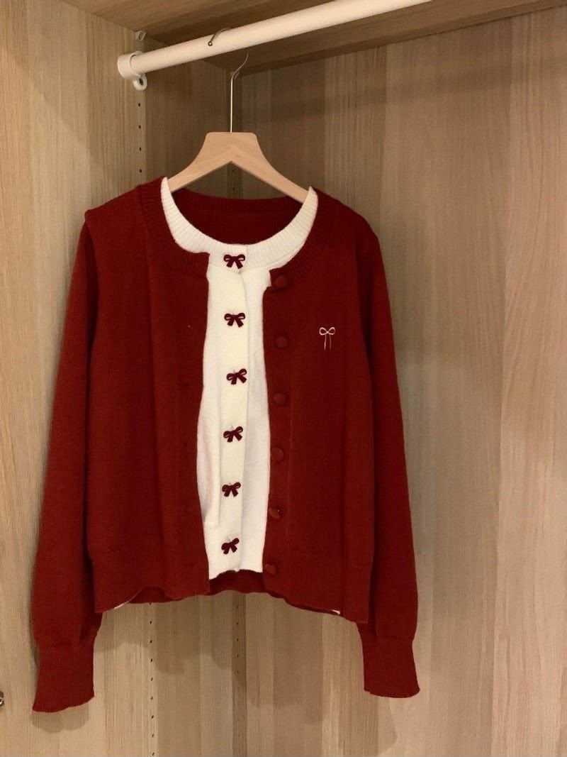 Ribbon Fake Button Two Piece Cardigan