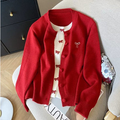 Ribbon Fake Button Two Piece Cardigan