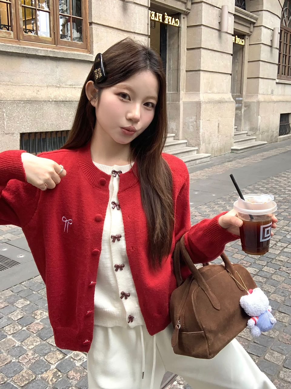 Ribbon Fake Button Two Piece Cardigan