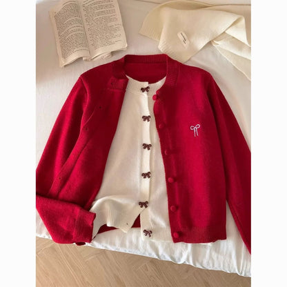Ribbon Fake Button Two Piece Cardigan