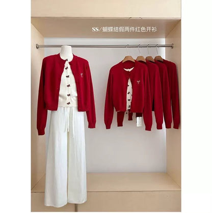 Ribbon Fake Button Two Piece Cardigan
