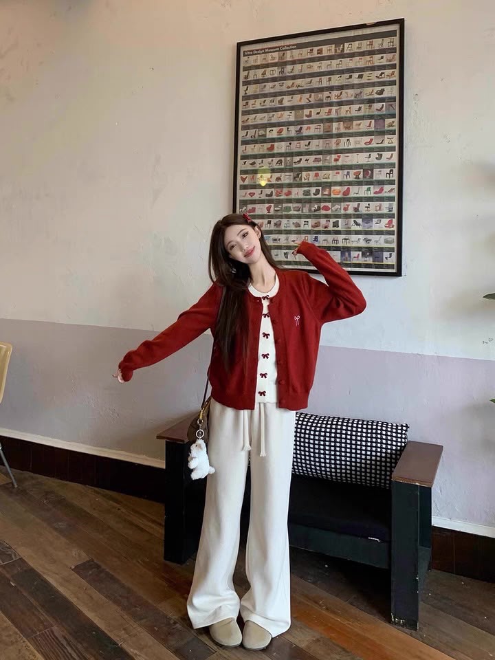 Ribbon Fake Button Two Piece Cardigan