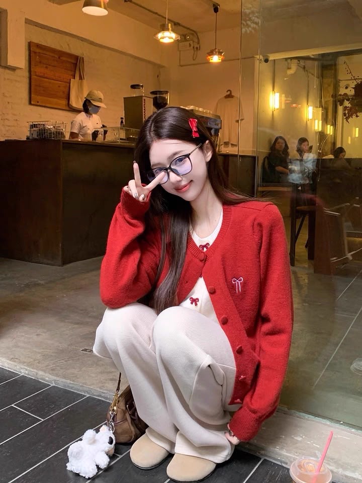 Ribbon Fake Button Two Piece Cardigan