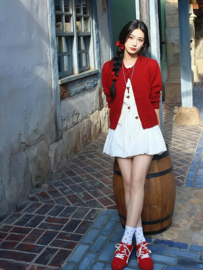 Ribbon Fake Button Two Piece Cardigan