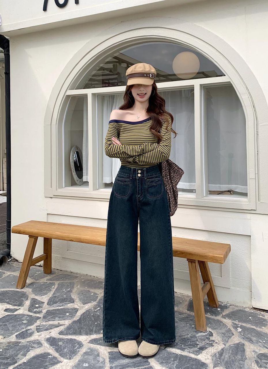 Celina Dark Blue Retro Wide-Leg Jeans