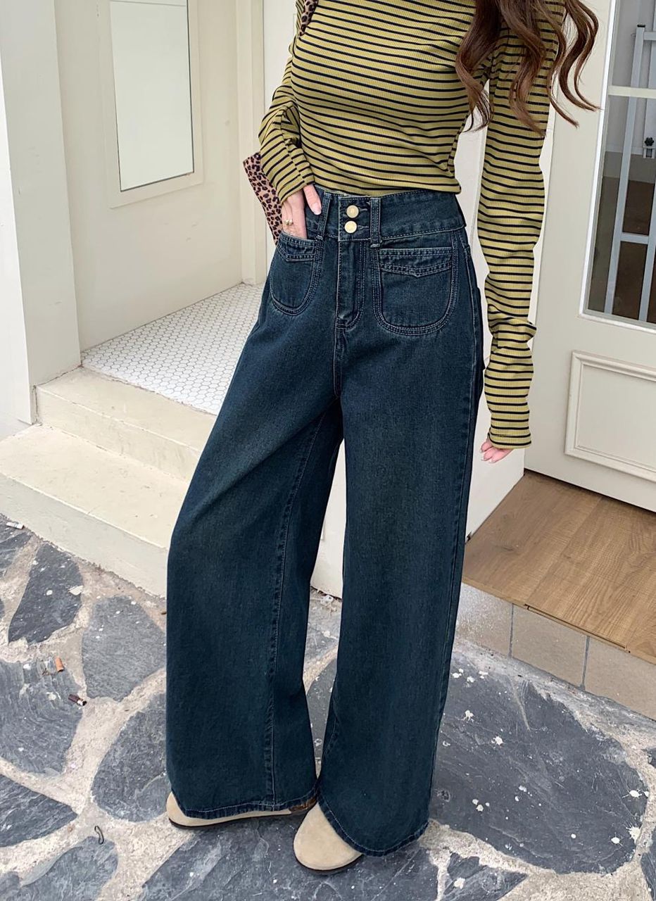 Celina Dark Blue Retro Wide-Leg Jeans