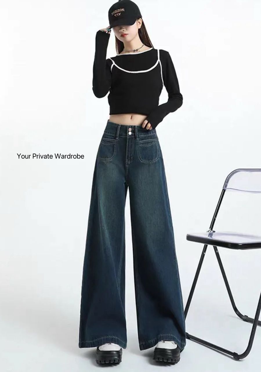 Celina Dark Blue Retro Wide-Leg Jeans
