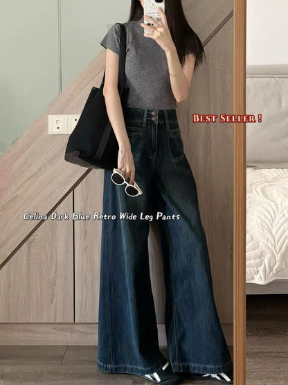 Celina Dark Blue Retro Wide-Leg Jeans