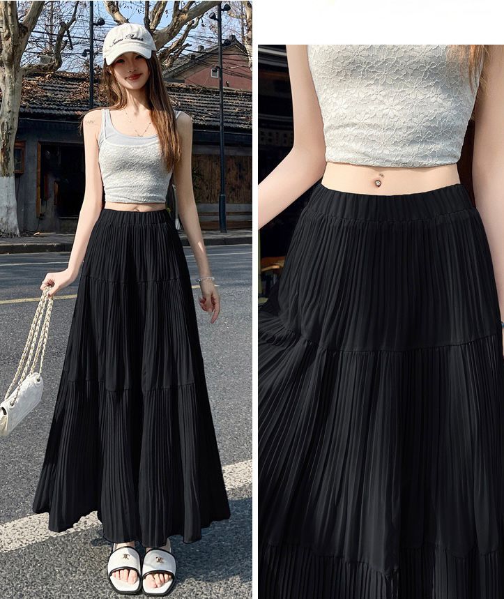 Drapey Mesh Pleated Long Skirt