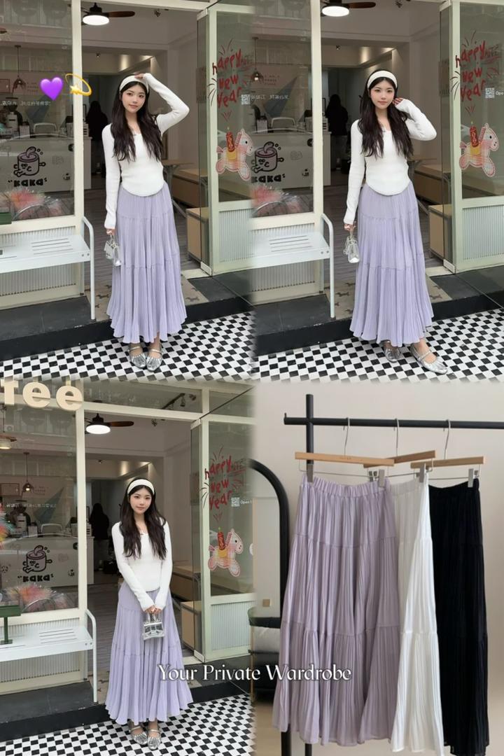 Drapey Mesh Pleated Long Skirt