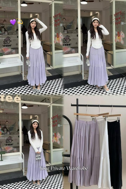 Drapey Mesh Pleated Long Skirt