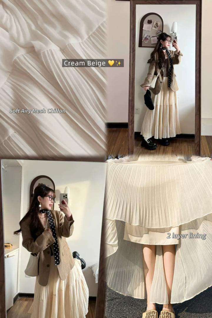 Drapey Mesh Pleated Long Skirt