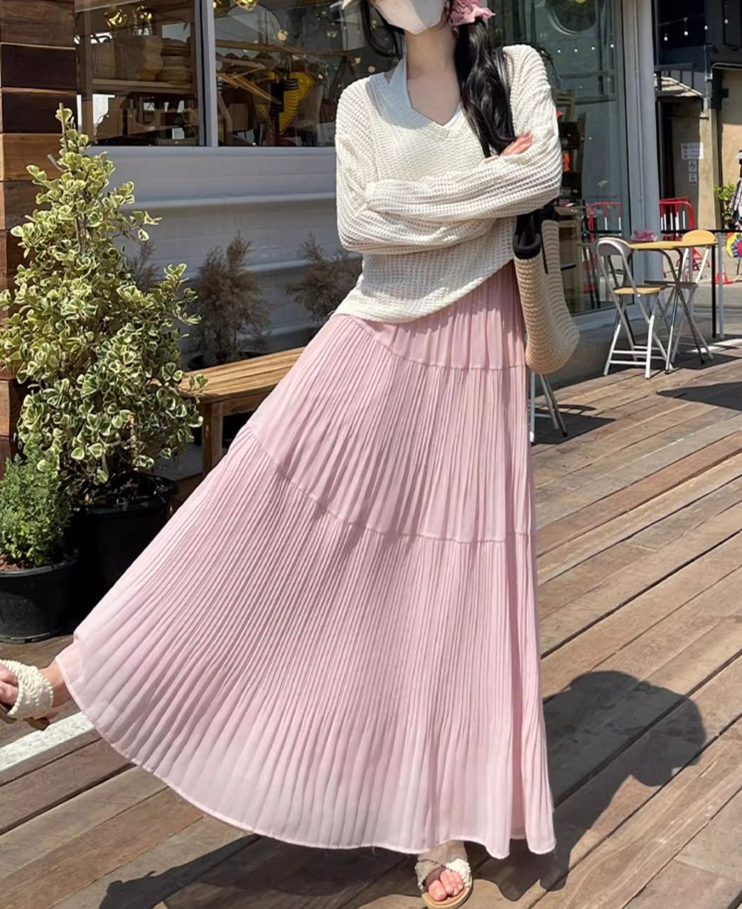 Drapey Mesh Pleated Long Skirt