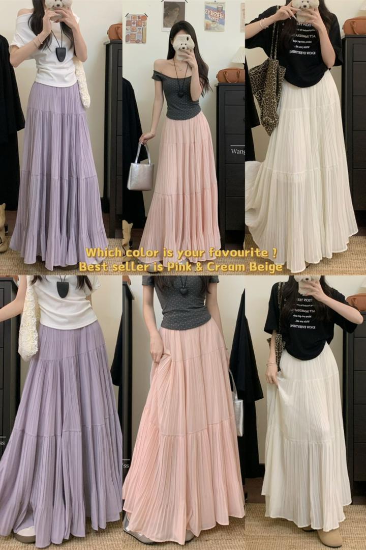 Drapey Mesh Pleated Long Skirt